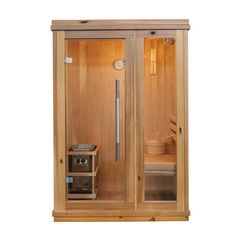 a wooden sauna with two glass doors and an electronic timer on the door, in front of a white background