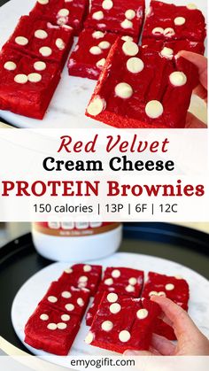 red velvet cream cheese protein brownies on a plate with white polka dots and the words, red velvet cream cheese protein brownies