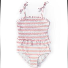 New Little Girls 4t Smocked Top Pink And White Striped One-Piece Swimsuit From Gb Girls, This Swimsuit Features: One-Piece Horizontal Stripe Print Smocked Top Tie Shoulder Detailing Ruffle Waist Sleeveless Styling Pull-On Construction Removable Cups Made Of Nylon/Spandex Hand Wash Pretty Bathing Suit, Preppy Summer Outfits, Cute Bathing Suits, Striped One Piece, Cute Preppy Outfits, Smocked Top, Pink And White Stripes, Pink Swimsuit, Cute Swimsuits