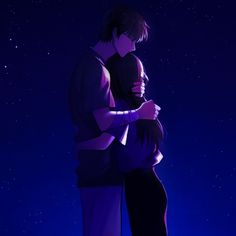 two people standing in front of a night sky with stars on the horizon and one person hugging his head