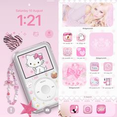 an iphone with hello kitty on the screen and pink accessories next to it in front of a white background