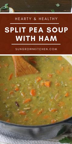 split pea soup with ham and carrots in a bowl