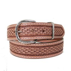 B619 - Natural Basket Weave Tooled Belt - Double J Saddlery Tooled Belt, Natural Baskets, Double J, Tool Belt, Basket Weave, Basket Weaving, Leather Belt, Leather Bracelet, Stitching