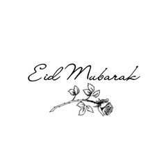 the word eid mubarak written in black ink on a white background with flowers