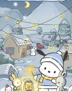 a cartoon character holding a lantern in front of a snow covered village with houses and animals