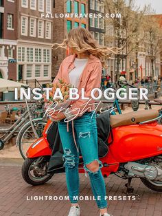 a woman standing next to an orange scooter with the caption insta blogger