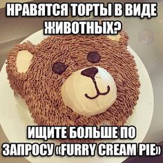 a brown teddy bear cake on a white plate with words written in russian and english