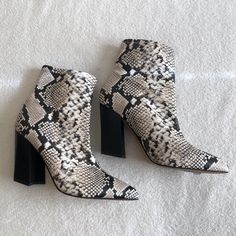 Snakeskin Pointed Toe Booties From Vince Camuto. Booties Have Off White, Tan, Black Ans Gray In It. New, Never Worn! Snake Print Leather Heeled Boots With Pointed Toe, Leather Snake Print Heeled Boots With Pointed Toe, Fall Round Toe Heeled Boots With Snake Print, Snake Print Heeled Boots With Round Toe For Fall, Fall Snake Print Round Toe Heeled Boots, Fall Snake Print Heeled Boots With Round Toe, Fall Season Snake Print Heeled Boots With Round Toe, Chic Snake Print Boots With Block Heel, High Heel Snake Print Boots For Fall