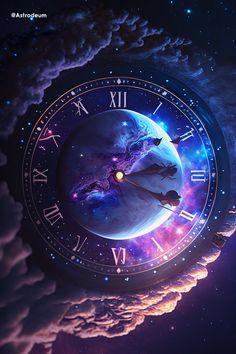 an image of a clock that is in the sky with stars and planets around it