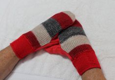 Red/cream/grey felted wool sweater mittens with red hand knitted wrists, Eco-friendly gift Sweater Mittens, Red Wool, Felted Wool, Red And Grey, Wool Sweater, Winter Glove, Knitting Yarn, Wool Sweaters