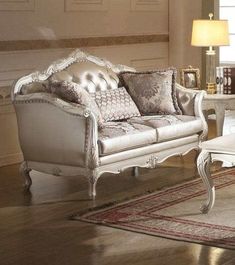 Chantelle Loveseat w/3 Pillows in Pearl White - Ornate Home Rococo Furniture White And Gold Sofa, Luxury Furniture Design, French Rococo, Wood And Resin, Ornate Furniture, Acme Furniture, Pu Fabric, Like Button, Fabric Upholstery