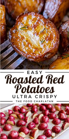 roasted red potatoes on a baking sheet with text overlay