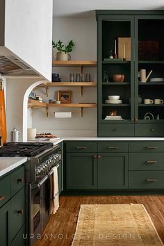 a kitchen with green cabinets and white counter tops, wood flooring and open shelving