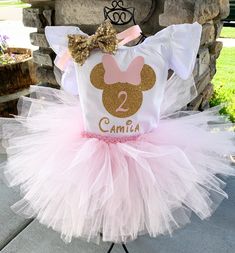 a pink and gold minnie mouse birthday tutu with the name camila on it