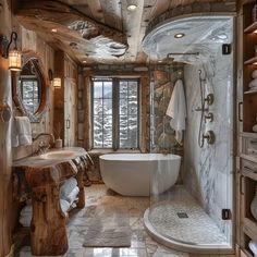 a bathroom with a tub, sink and toilet in it's center wall is made out of wood planks