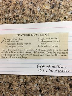 a piece of paper with writing on it that says feather dumplings and an egg shell recipe