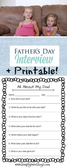 father's day interview printable with two children sitting on the couch in front of them