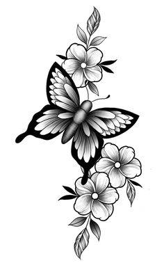 a black and white butterfly with flowers on it's back side, flying through the air