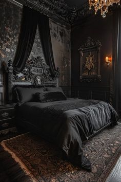 a bed sitting in the middle of a bedroom next to a chandelier and window