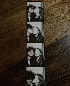 four pictures of people kissing each other on a wooden table with black and white background