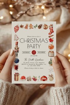 Celebrate the season with this charming Christmas Party invitation, featuring a festive collection of watercolor illustrations and a clean, elegant layout. With playful holiday accents like ornaments, gingerbread, and poinsettias, this design perfectly sets the tone for a cozy and joyful gathering. Elegant Layout, Dinner Party Invitations, Christmas Elements, Festive Collection, Charming Christmas, Watercolor Illustrations