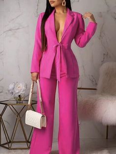 2pcs Casual Office Wear Knotted Front Waist Slim Fit Blazer & Straight Leg Pants Suit Set Hot Pink Elegant    Plain  Non-Stretch  Women Clothing, size features are:Bust: ,Length: ,Sleeve Length: Womens Professional Suits, Hot Pink Blazers, Casual Professional, Womens Suits Business, Suit Pattern, Pink Suit, Business Pants, Women Formals, Pink Blazer