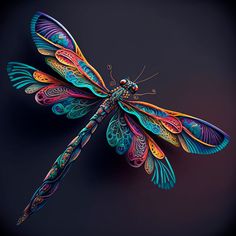 a colorful dragonfly sitting on top of a black surface with lots of colors in it's wings