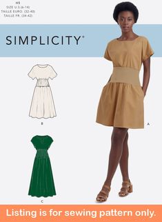 a woman in a dress and sandals with the text, simpl city sewing is for sewing pattern only