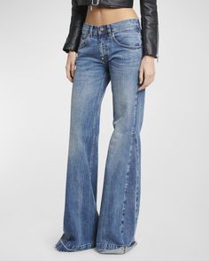 Stella McCartney new longer jeans    Full length    Mid rise sits high on hip    Flare legs    Fivepocket style    Button/zip fly; belt loops    Cotton    Made in Italy Vetements Jeans, Stella Mcartney, Stella Mccartney Jeans, Statement Jeans, Fall 24, Long Jeans, Fall Fits, Summer Fits, Blue V