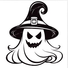 a black and white drawing of a halloween pumpkin wearing a witch hat with long hair