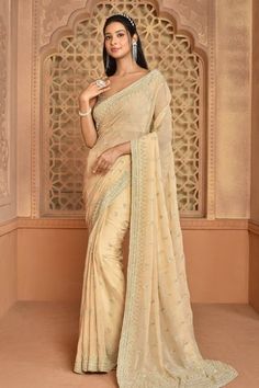 Shop for Kalighata Gold Charvi Organza Embroidered Saree With Blouse for Women Online at Aza Fashions Wedding Sarees Online, Purple Saree, Indian Designer Sarees, Party Sarees, Neck Deep, Embroidered Saree, Gold Blouse, Wedding Sarees, Designer Sarees Online