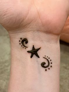 a small wrist tattoo with a star and crescent