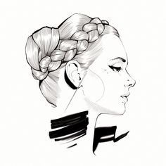 a black and white drawing of a woman's face with braids in her hair