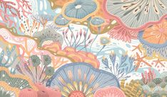 an abstract floral wallpaper with seaweed, corals and other marine life in pastel colors