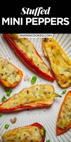 stuffed mini peppers on a white plate with text overlay that reads stuffed mini peppers