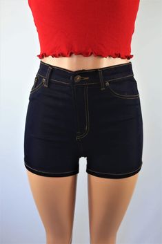 Size: S Shorts High Waisted, Dark Blue Denim, Stretch Shorts, Off Black, Black Denim Shorts, High Waisted Shorts, Black Denim, Final Sale, Blue Denim