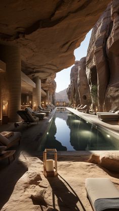 an outdoor swimming pool with chaise lounges and large rocks in the background at dusk