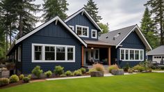 a blue house with lots of windows and trees in the front yard, along with landscaping