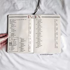 a hand holding an index book on top of a bed