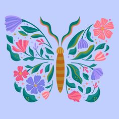 a colorful butterfly with flowers and leaves on it's wings, painted in pastel colors