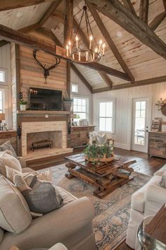 a living room filled with furniture and a fire place in the middle of a room