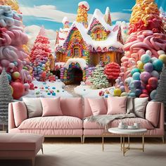 a living room filled with pink couches and lots of colorful balloons on the wall