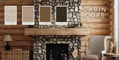 a living room with wood paneling and stone fire place in front of the fireplace