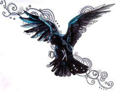 a drawing of a black bird with blue wings and swirls on it's body