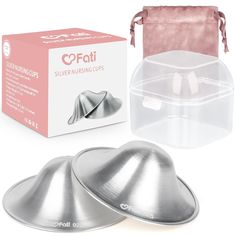 two silver funnels in front of a pink box with the lid open and bag next to it