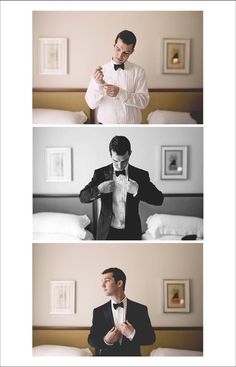 three different shots of a man in a tuxedo