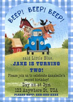 Is your Little Blue Truck fan getting a year older? Customize this adorable template for invitations to their party.  Note: This Canva design does contain premium elements. You will be prompted to use a free trial of Canva Premium in order to download without watermarks. If you would like to avoid this please send me a message with a link to your edited invite and I will be happy to download for you. Following purchase you will receive a PDF with link and instructions on how to edit your templat Little Blue Truck Birthday Party, Blue Truck Birthday Party, Second Birthday Boys, Little Blue Truck, Truck Birthday Party, 2nd Birthday Boys, Blue Truck, Birthday Themes For Boys, 2nd Birthday Party