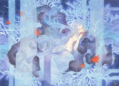 a painting of a woman surrounded by fish and snowflakes, with her hair blowing in the wind