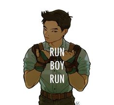 a drawing of a man with the words run boy run written on his chest and hands