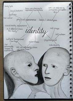 a spiral notebook with an image of two heads and the words identity written on it